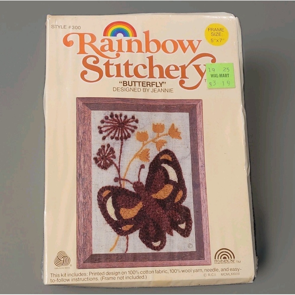 Rainbow Stitchery Butterfly 100% Wool Needlepoint Kit Stamped Embroidery #300